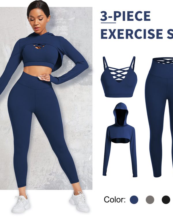 ensemble de sport femme 3 pièces – legging taille haute, brassière & crop top à capuche