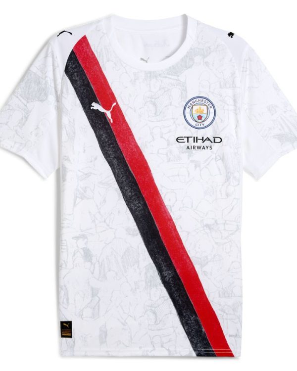 maillot manchester city 2026 blanc avec bande rouge et noire | tenue officielle avec logo etihad airways puma
