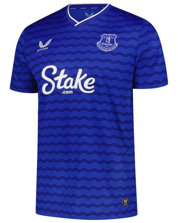 maillot everton 2026 bleu avec design ondulé | tenue officielle avec logo stake le coq sportif